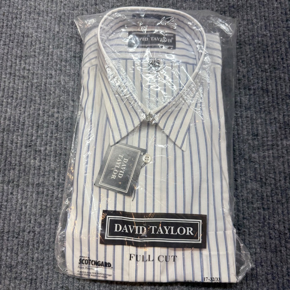 David Taylor Mens Dress Shirt Full Cut White Blue Stripe 17 32/33 Broadcloth NIP
